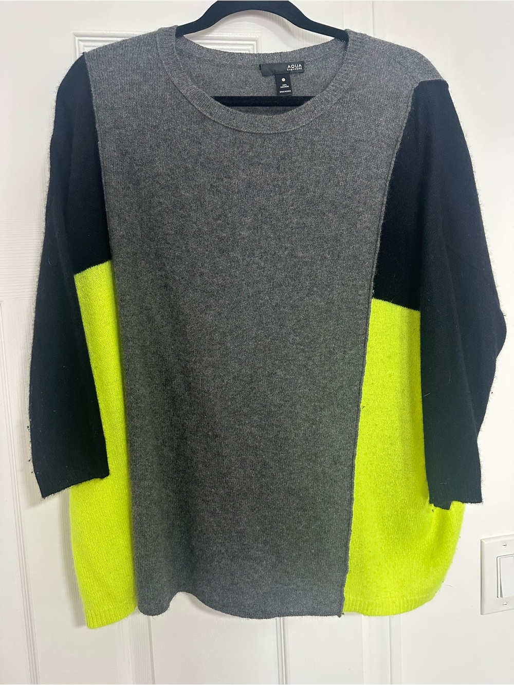 Aqua Cashmere Colorblock Crewneck Sweater - Gray & Neon Yellow